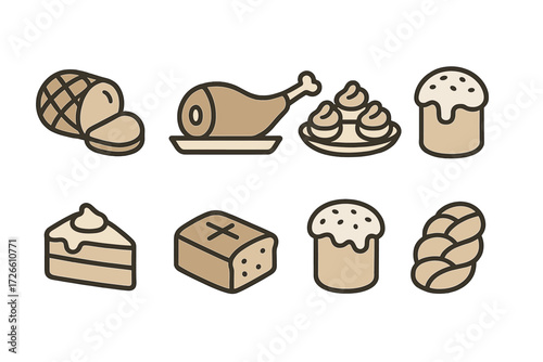 Flat icon set of traditional baked goods and meats on textured background
