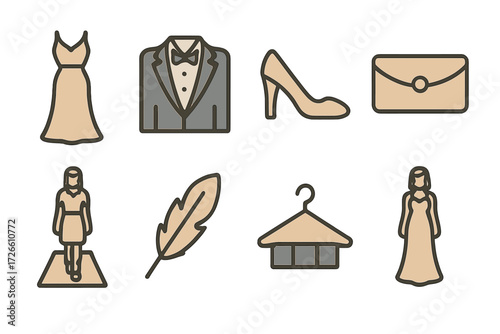 Elegant fashion icons on gold background: dresses, accessories, and more