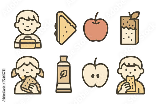 Cute kids eating healthy snacks with fruits and drinks on wooden background