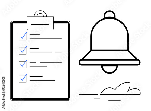 Clipboard with marked tasks and notification bell with motion lines. Ideal for productivity, organization, reminders, achievement, task management, planning, communication. Clean flat metaphor