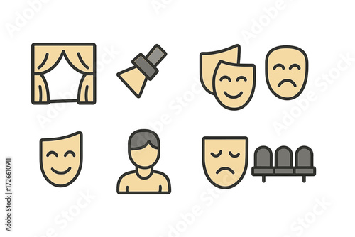 Theater icons featuring curtains, comedy and tragedy masks, and stage elements