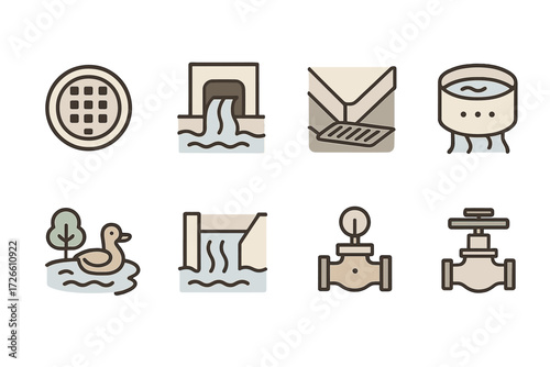 Flat icons of water infrastructure: drains, pipelines, and water treatment symbols