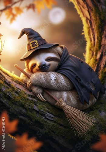 Halloween Sloth Witch. Cute sloth wearing witch hat and cloak sleeping on tree branch with broomstick.