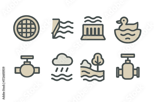 Water management icons: modern outlined symbols for environmental safety and conservation