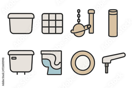 Flat style plumbing icon set with toilets, pipes, and fittings on gradient background