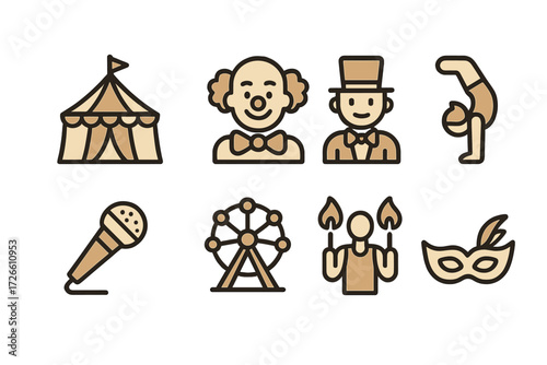 Circus icons set with tent clown acrobat and ferris wheel on vintage background