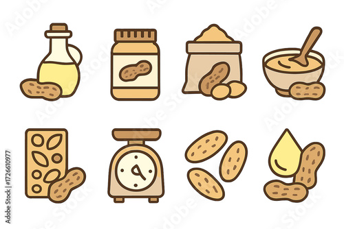 Nut products in flat style: peanut oils, butters, and snacks on warm tones background