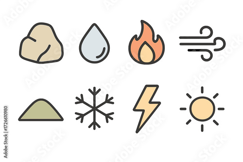 Minimalist icons of elements and weather with hand-drawn style