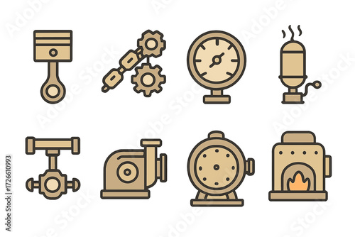 Industrial icons set featuring linear style mechanical and metal elements on gradient background