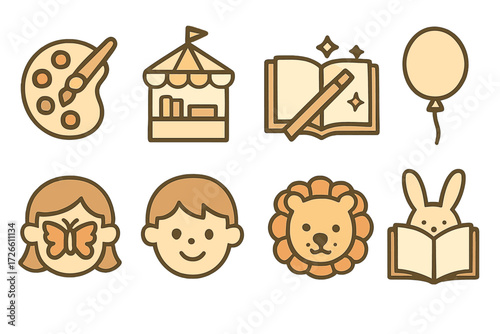 Flat outline style kids festival icons: creativity, fun, and learning