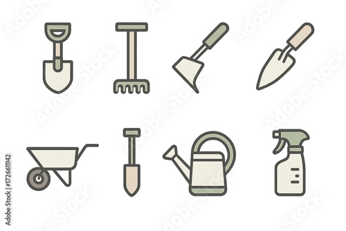 Garden tools set on gradient background with modern linear design