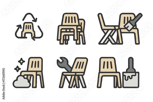 Plastic chair maintenance icons set on gradient background