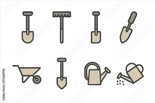 Linear garden tools set on textured background