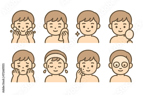 Skincare routine illustrations: boy demonstrating steps for healthy skin