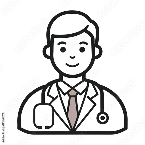 Friendly cartoon doctor icon with stethoscope and tie.