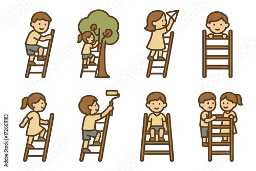 Charming cartoon children climbing and painting