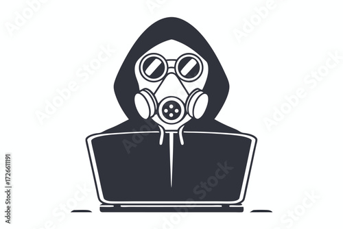 Hooded figure wearing a gas mask works at a laptop in monochrome
