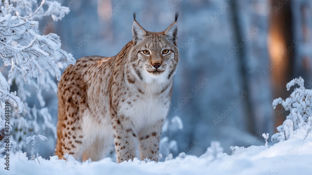 Fototapeta premium Eurasian lynx walking through snowy forest in winter, close-up of wild lynx face in snow-covered slovakia, february wildlife scene in european wilderness