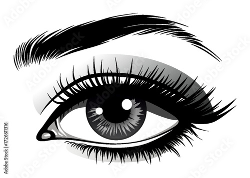 Beautiful female eye with big lashes and eyebrow. Eyeliner glamour makeup. Vector icon