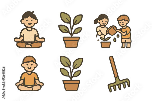 Gardening and meditation concepts with happy kids and plants in a minimalist style