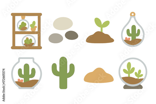 Glowing cactus terrarium and garden elements in soft pastel style for nature design