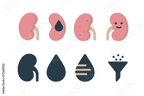 Cartoon kidney health icons set featuring filters and water droplets