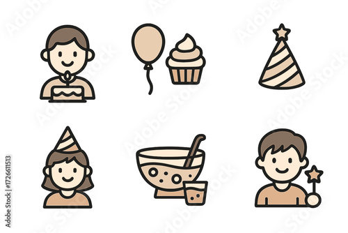 Cute birthday party icons: cake, balloons, cupcakes, and party hats