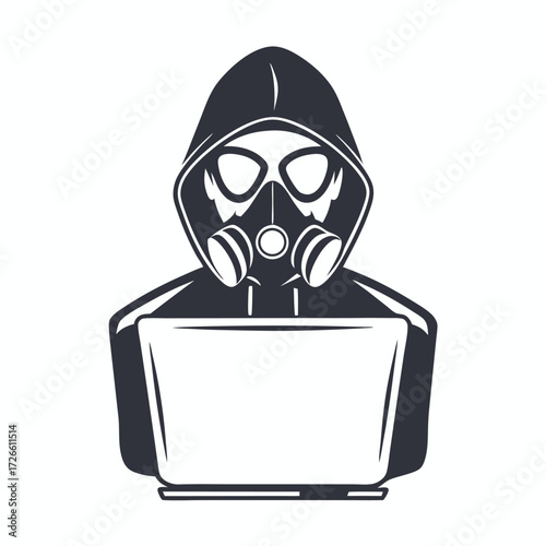 Hooded figure wearing a gas mask works on a laptop, isolated against a white backdrop