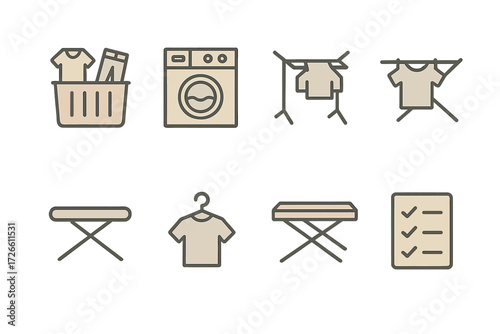 Household laundry icons: simplified outline design for washing, drying, ironing, and organizing tasks