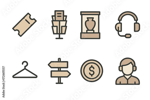 Museum and customer service icons in linear style on gradient background