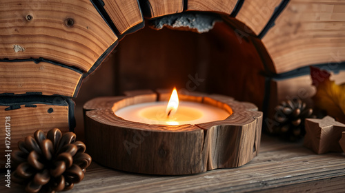 A cozy hearth candle burning brightly, casting a warm glow on a rustic wooden surface Perfect for autumn, winter, or any relaxing evening , handcrafted, wood, snug