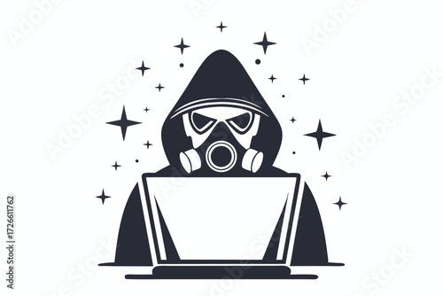 Hooded figure wearing gas mask uses computer to commit cybercrime online now