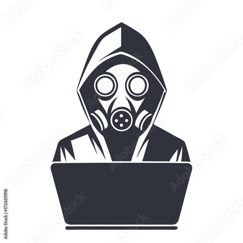 Hooded figure wearing gas mask works intently on laptop shown as a dark vector