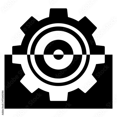 Logo maquinaria industrial. Icono engranaje con la mitad en cuadrado en espacio negativo