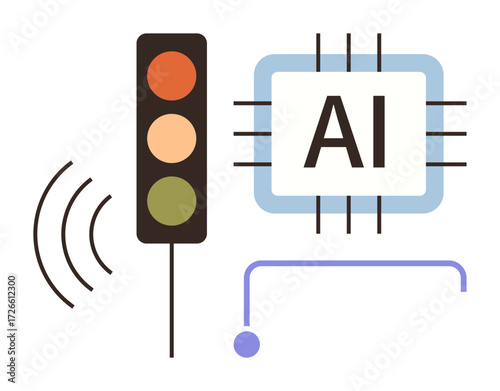 Traffic light emitting signals next to AI processor and sensor icon, showcasing intelligent technology applications. Ideal for automation, IoT, urban planning, machine learning, transportation, smart
