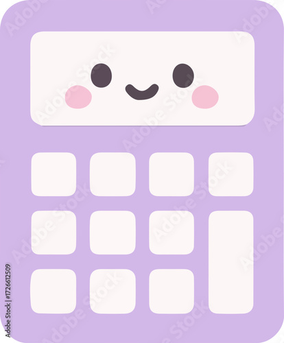 Cute cartoon calculator with a happy face, smiling cheerfully with pink cheeks, and a simple, clean design on a white background