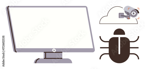 Large monitor, camera on cloud, and bug symbolizing system vulnerabilities, cybersecurity, and data threats. Ideal for IT security, hacking, viruses, surveillance risk management data privacy