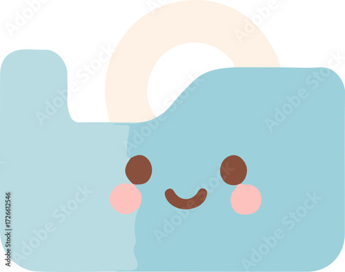Cute cartoon tape dispenser with a friendly face and a roll of tape ready to use