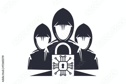 Hooded figures surround circuit board showing global network in a monochromatic theme, creating digital atmosphere
