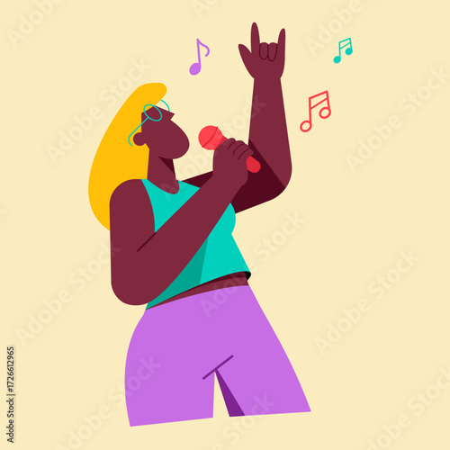 A female singer performing passionately with expressive gesture.