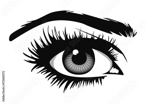 Beautiful female eye with big lashes and eyebrows. Eyeliner glamour makeup. Icon