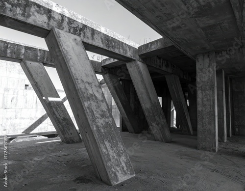 Interior of unfinished concrete building with geometric pillars and strong shadows