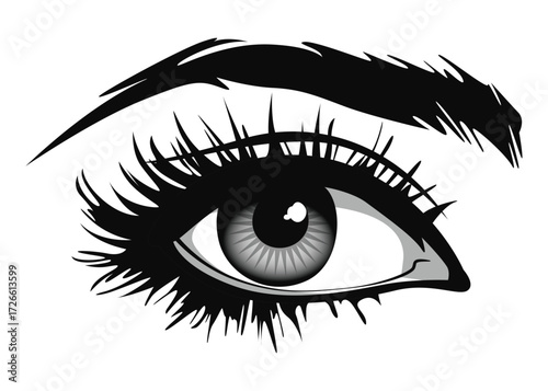 Beautiful female eye with big lashes and eyebrows. Eyeliner glamour makeup. Icon