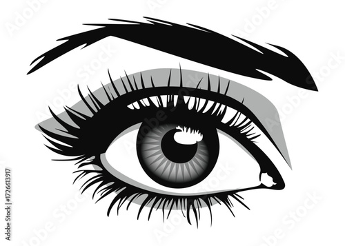 Beautiful female eye with big lashes and eyebrows. Eyeliner glamour makeup. Icon