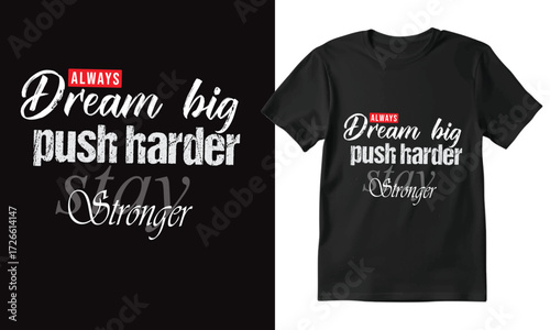 Always Dream Big Push Harder Stay Stronger Motivational Quote Typography T-Shirt Design Inspirational Gym & Fitness Workout Apparel Print Editable Vector SVG & Transparent PNG Graphic