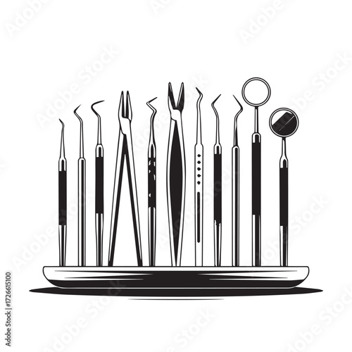 Comprehensive Dental Care Tools Vector Set - Black and White Graphic Style
