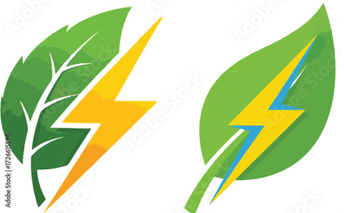 Eco-friendly Power Symbol with Green Leaf and Lightning Bolt Design