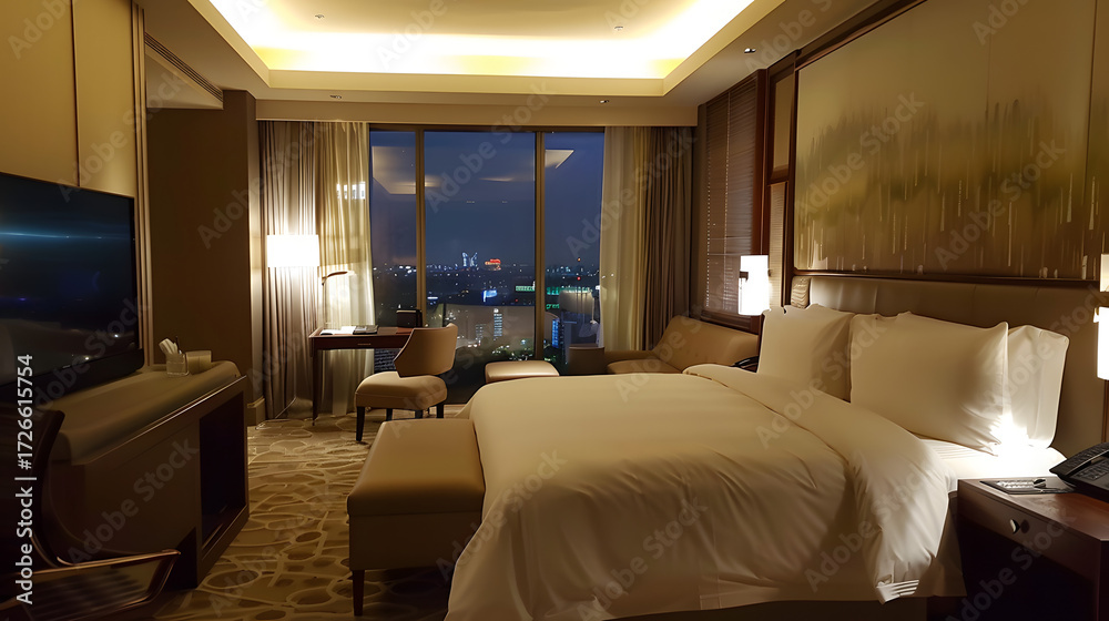 Fototapeta premium hotel room,Modern Hotel Rooms with Balcony, Scenic Views of Nature and Ocean, Luxury Accommodation, Comfortable Beds, Contemporary Interior Design, Travel and Hospitality