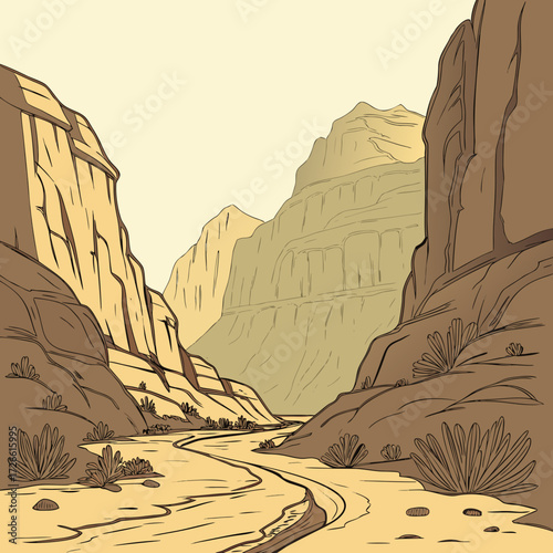 Grand canyon desert landscape with river and mountain vector illustration