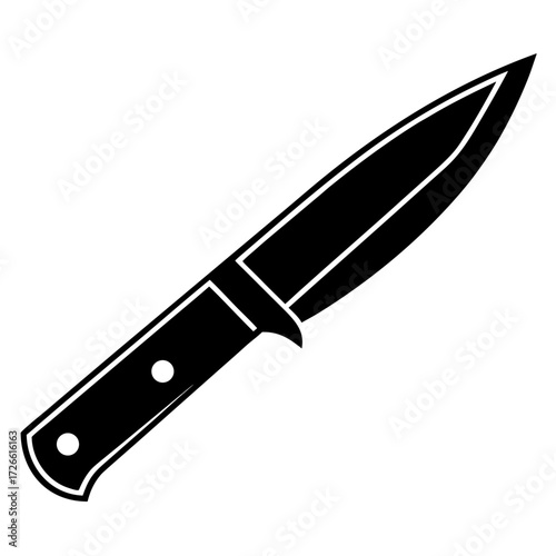 A sharp black silhouette of a hunting knife with a full tang and two rivets on the handle isolated on white background